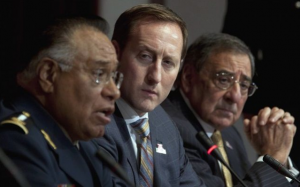 Canadian Minister of National Defence Peter MacKay (center) and United States Secretary of Defence Leon Panetta listen to Mexican Secretary of National Defence General Guillermo Galvan Galvain during a news conference following meetings in Ottawa. (Photo by Adrian Wyld)